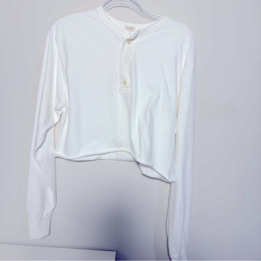 White Long Sleeve Henley Crop Top Shirt Size 3